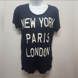 Forever 21 Shirt Medium Navy New York Paris London Short Sleeve Casual‎ B861